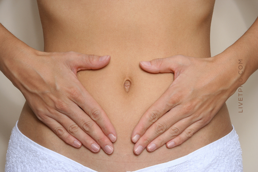Mujer sosteniendo su abdomen para ilustrar los beneficios del colágeno hidrolizado en la salud digestiva y el bienestar intestinal.