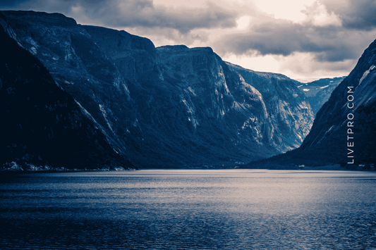 Paisaje de fiordo en Noruega que representa el origen del colágeno marino
